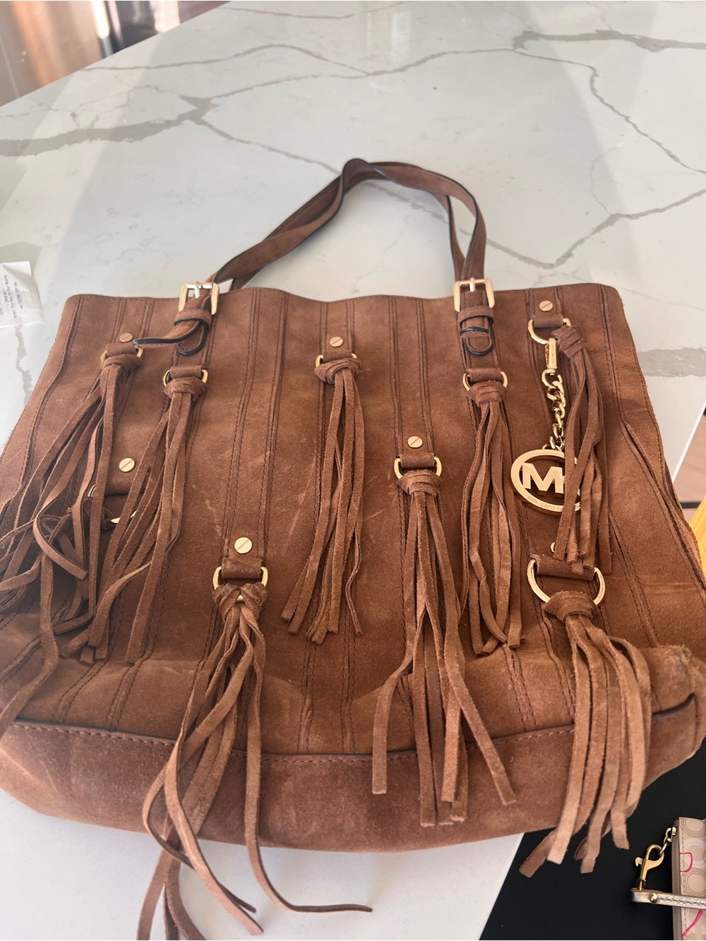 Michael Kors Collection Brown Suede Fringe Shoulder Bag with Gold MK Charm